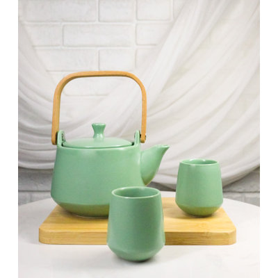 Matte Pastel Green Porcelain 22oz Teapot And 2 Tea Cups With Bamboo Tray Set