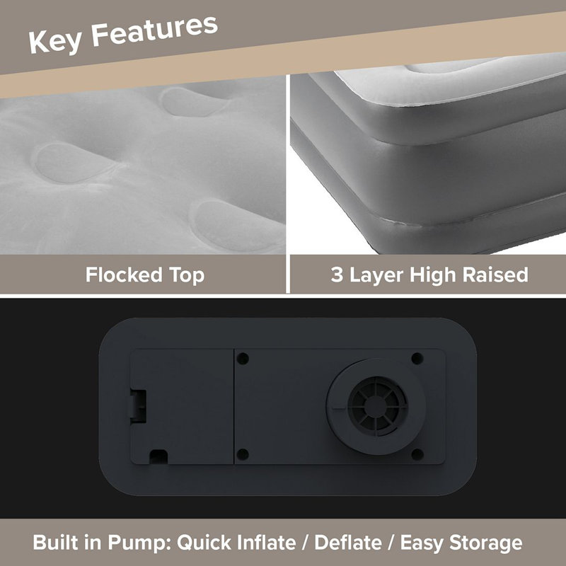 High Raised Airbed + Built in Pump, Twin, Gray