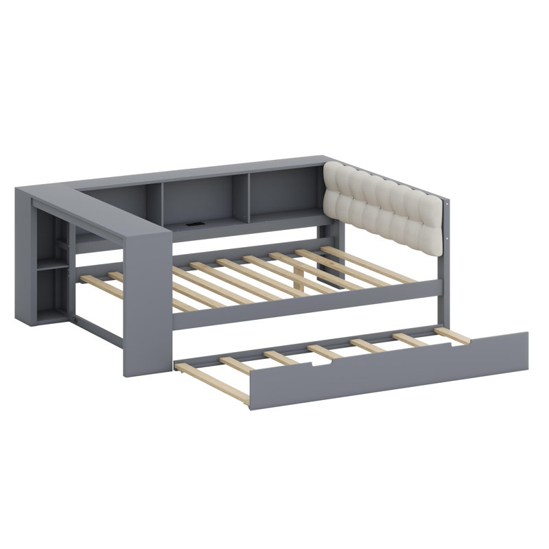Modern Platform Bed with Upholstered Headboard, Charging Station, Shelves, and Trundle, Gray