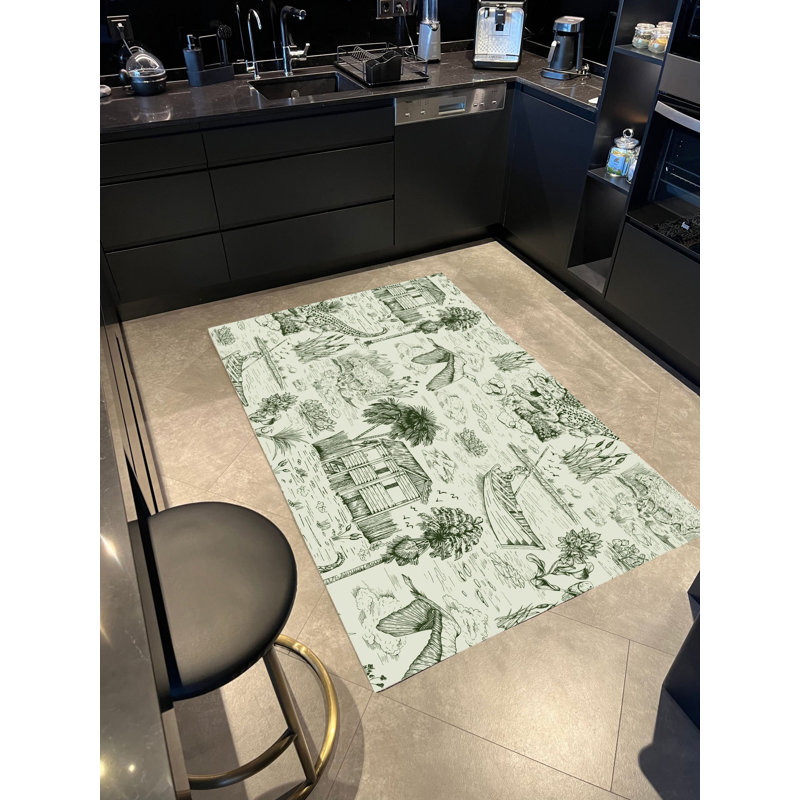 Tapis vert / beige tissé à la main à motif rétro et imprimé numérique, Tapis de couloir 3 pi 9,81 po x 6 pi 6,74 po