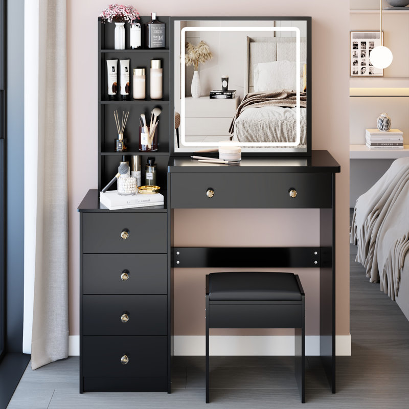 Table de chevet de 37 po avec tabouret rembourré, grand miroir coulissant, DEL tricolore à contrôle tactile, réglage de la luminosité, rangement élevé, mobilier noir de style américain