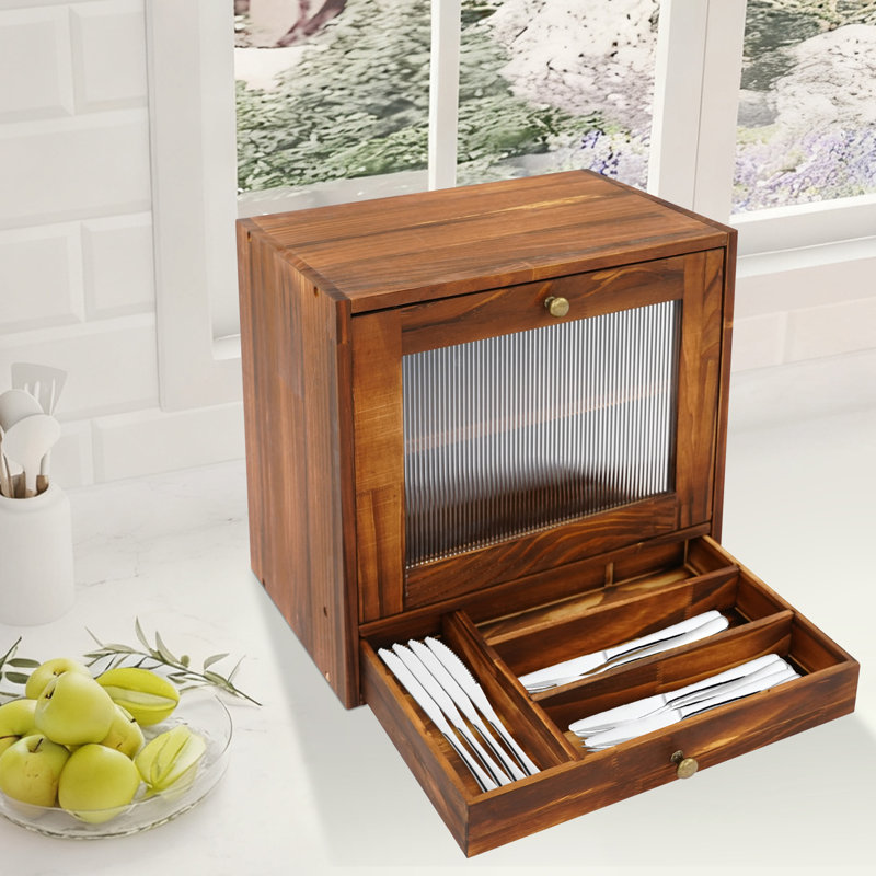 Boîte à pain avec rangement en bois 2 couches, Brun