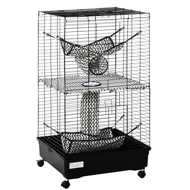 Cage pour animal de compagnie 42 po, noire - Comprend des roues, des freins et plusieurs plateformes pour petits animaux