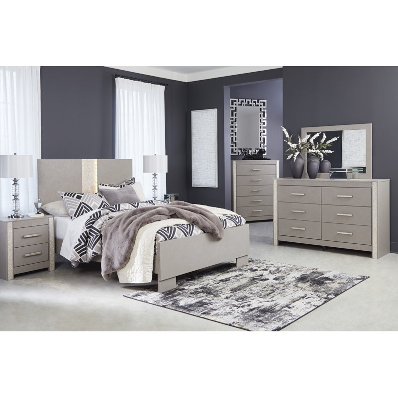 Gray Leather and Wood Queen Panel Bed with LED Lighting