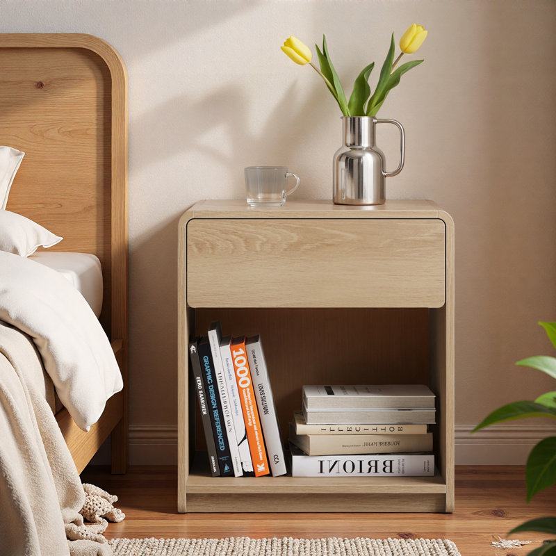 Ensemble de table de chevet Mid-Century moderne, 2 pièces, avec tiroirs de rangement et tablettes ouvertes, table de chevet de chambre à coucher avec coins arrondis, ensemble de table de chevet compact