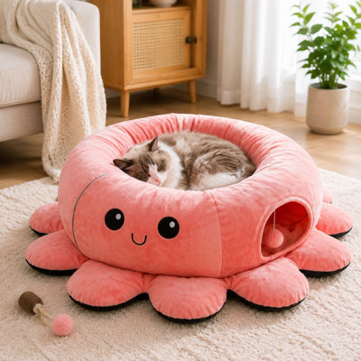 Cat Tunnel Bed with Cushion and Toys, Foldable Cat Cave Tunnel for Indoor Cats and Kittens