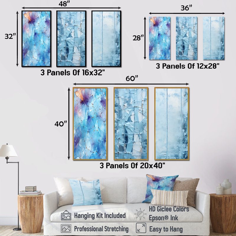 «White Blue Frosty Collage I», ensemble de 3 impressions sur toile, H 28 po x l 36 po, Cadre flottant noir