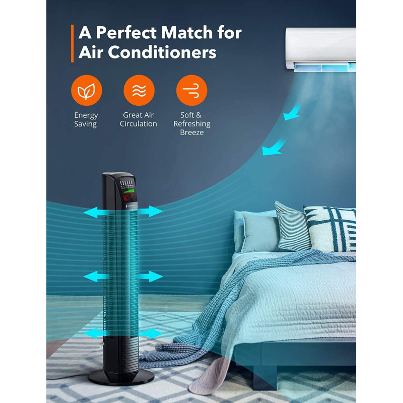 Paris-Rhône Tower Fan, 35" 65° Oscillating Cooling Fan with Remote Included, LED Display, 3 Speeds, 9 Modes, Up To 12H Timer