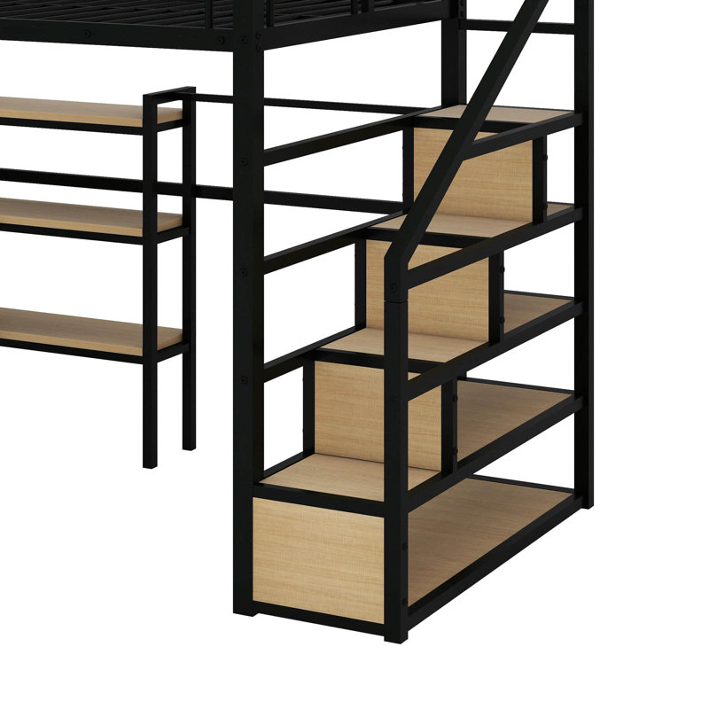 Lit mezzanine double en métal avec escalier, bureau et tablettes