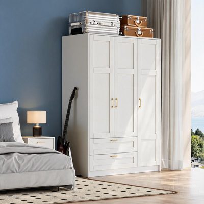 Armoire de rangement autoportante de 66 po de hauteur avec 3 portes et 2 tiroirs, armoire en bois avec 3 tablettes et tringle