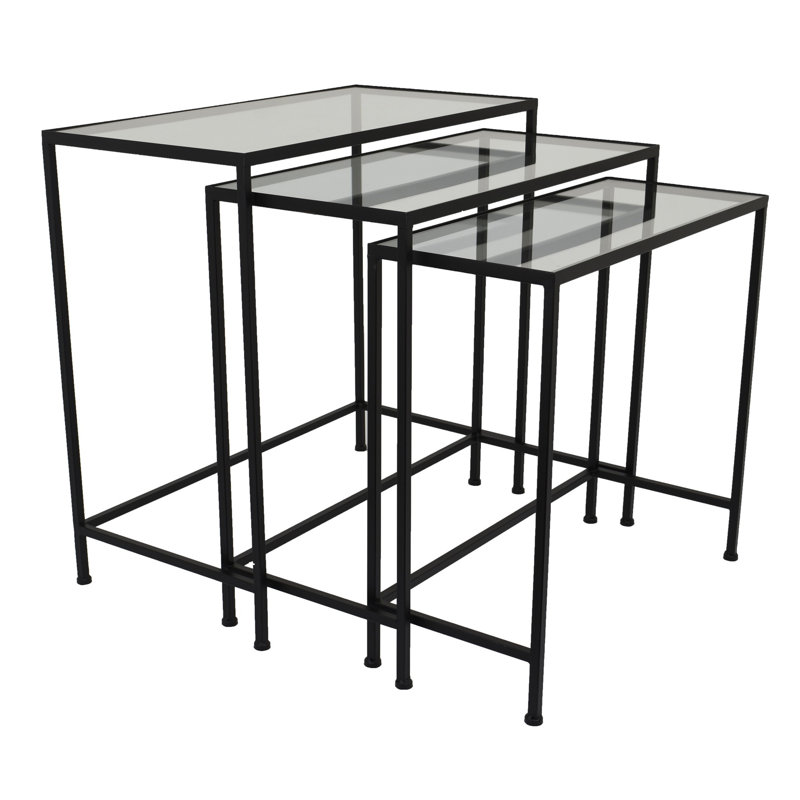 Pix Nesting Plant Stand Table Set Of 3, Black Metal, Rectangular Glass