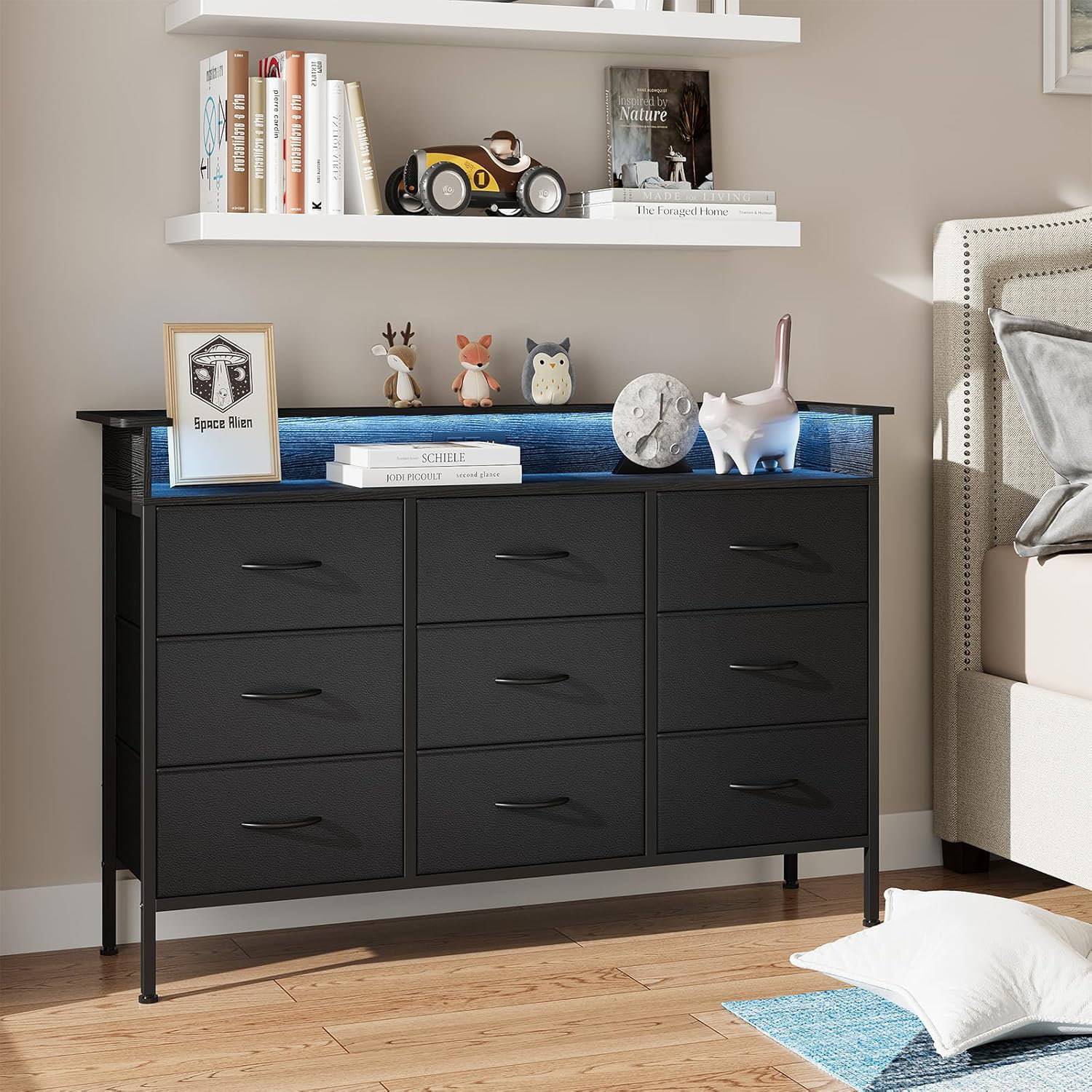 Commode 9 Tiroirs AKTIVE Max Home - 100x30x100 Cm, Structure Acier, Dessus Bois, Blanc - Avec Pieds Réglables, Rangement Chambre, Salon, Entrée