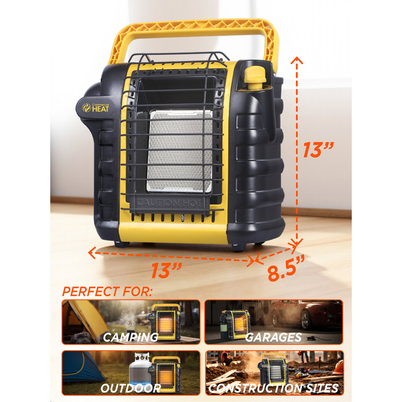 Commercial Heat 9000 Btu Portable Propane Heater For Outdoor Or Indoor Use, Patio Heater For Up To 300 Sq. Ft., 2 Heat Settings, Swivel Regulator Connects To 1 Lb. Propane Tank, Chp9000y, Yellow