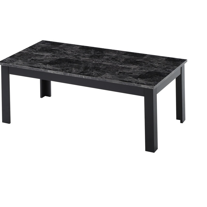 Table de 3 pièces en saveur traditionnelle, table basse rectangulaire avec tables de bout carrées, dessus en faux marbre, finition grise, présentation pratique du dépliant et manuel sans effort