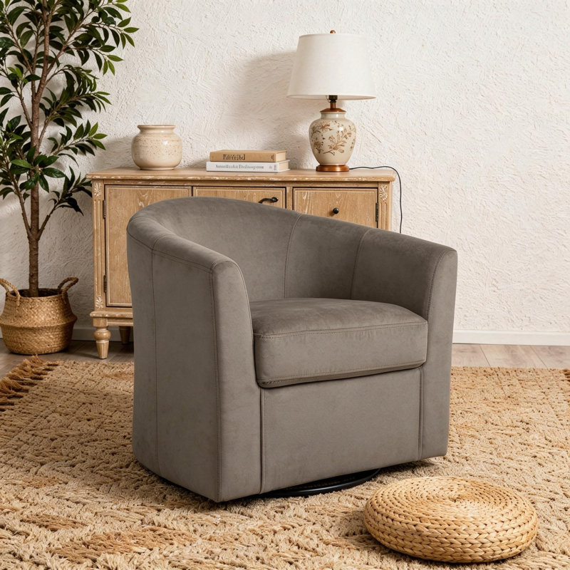  Upholstered Velvet Swivel Barrel Accent Chair with Curved Back, Gray