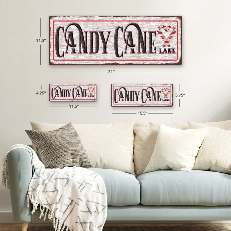 Plaque en métal Candy Cane Lane, H 4,25 po x l 11,5 po x P 0,04 po