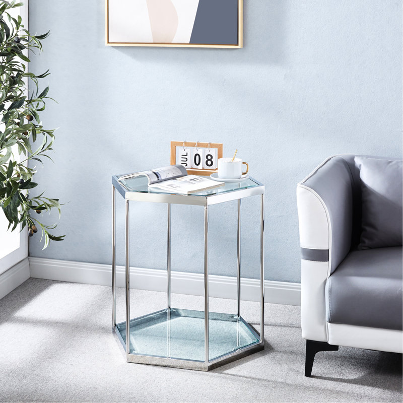 Table de bout en verre à 2 niveaux avec acier inoxydable argenté et capacité de rangement supplémentaire, fonctionnalité, espace, durabilité - plus d'articles de mobilier, facile à nettoyer rapidement, installation facile