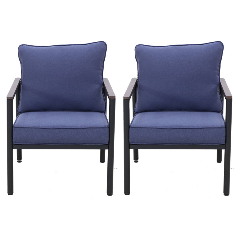Outdoor Patio Metal Frame Wicker Backrest Wood Grain Armrest Dining Chair with Cushions (Set of 2), Blue