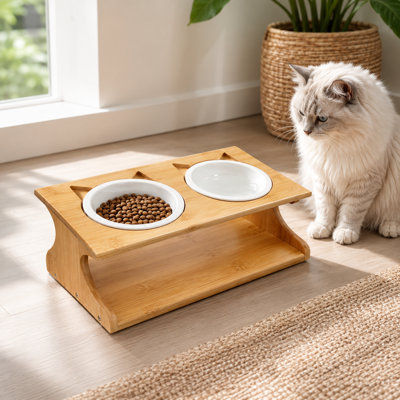 Support pour chat en bambou surélevé avec bols en céramique, nourriture pour animaux surélevée et bol pour chats et petits chiens