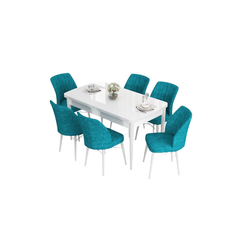 Ensemble de table et chaises de salle à manger extensible (7 pièces), Turquoise, Blanc, H 30,7 po x l 52 po x P 31,5 po