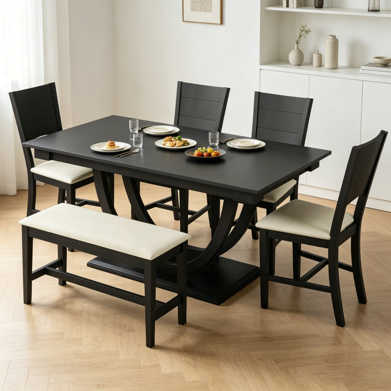 Ensemble de table de salle à manger 6 pièces demi-rond en bois moderne avec banc long et 4 chaises, Gris