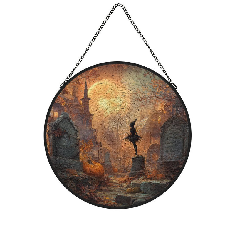 Panneau de vitrail Fairy Dancing Autumn Graveyard, 9,8 x 9,8 po (25 x 25 cm)