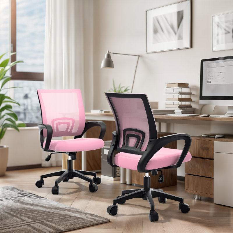 Chaise de bureau ergonomique à dossier moyen en filet avec accoudoirs et support lombaire Pierfranca, Rose