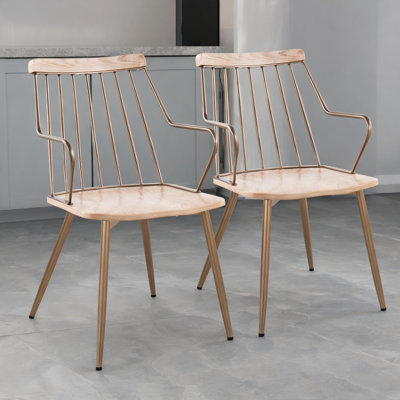 Side Chair Set of 2 with Spindle-Back, White Washed Solid Wood Seat, Antique Copper Metal Arms and Legs, 22 L x 20.5 W x 35 H, Farmhouse Style