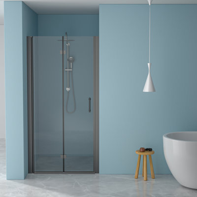 Porte de douche pliante, 91,4 cm (l) x 182,9 cm (h), noir mat, verre trempé de 6,35 mm, design bicolore, ouverture vers l'extérieur, charnières en acier inoxydable de haute qualité, installation réversible pour s'adapter à toutes les configurations de salle de bain, recouvrement à 180°