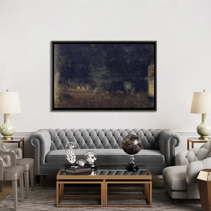 Nocturne en noir et or les jardins - reproduction d'art mural - toile encadrée, 40 po x 60 po, Toile avec cadre, Gris