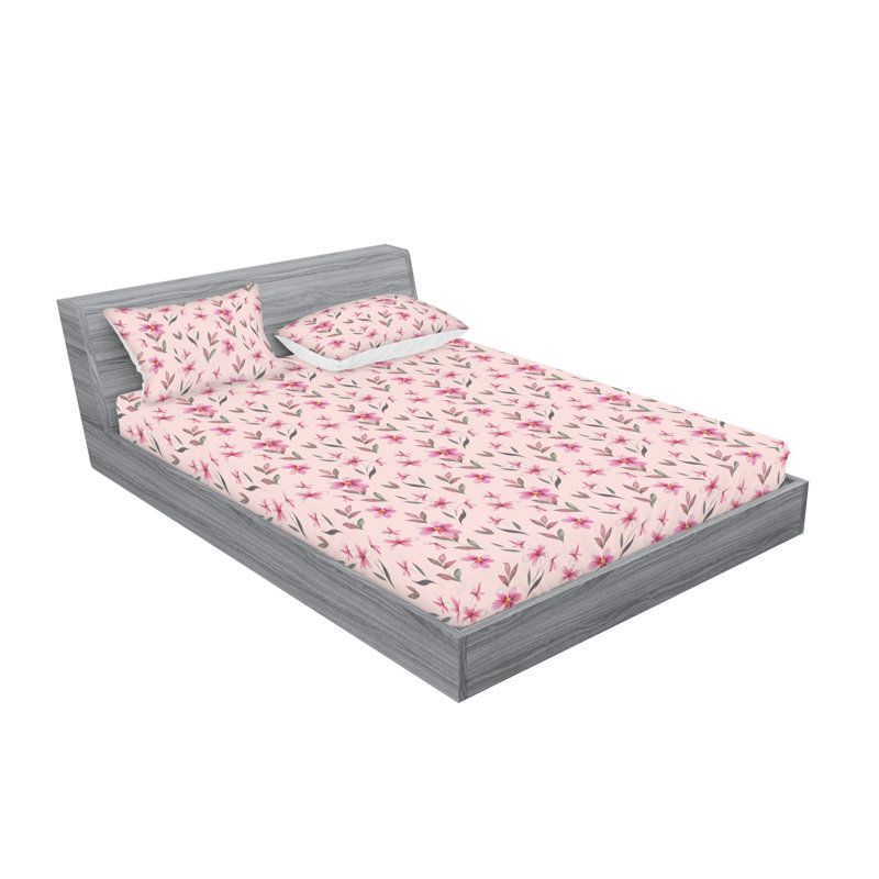 Ambesonne Fitted Sheet & Shams, Queen Sheet Set with 2 Pillowcases, Rose/Pink/Sage Green Flower