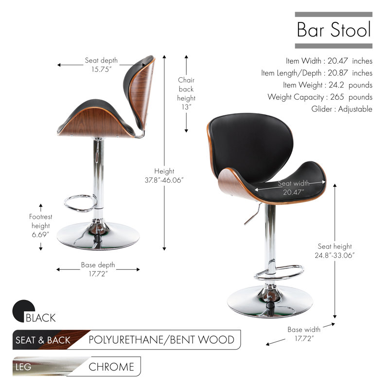 Antonette Swivel Height Adjustable Faux Leather Mid-Century Bar Stool, Black