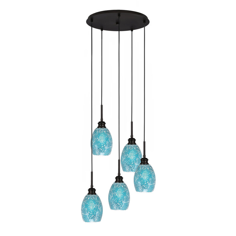 Luminaire suspendu grappe 5 lumières Edge avec verre de fusion 5 po Edge, Fusion turquoise, Espresso