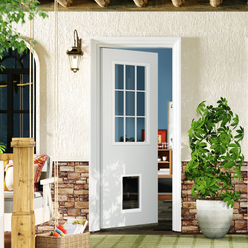 Portes extérieures - Dalle de porte en panneau de fibres à densité moyenne blanc transparent 9 Lite avec grande porte pour animaux