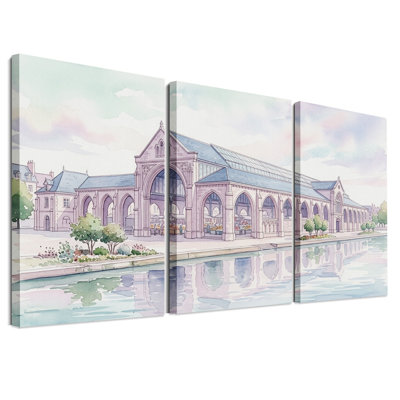 Ensemble de 3 toiles murales représentant un marché couvert avec des reflets sur le front de mer