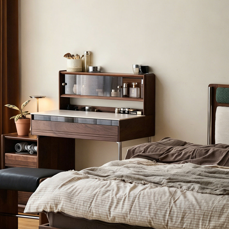 Coiffeuse minimaliste moderne en noyer de 80 cm avec commode de rangement, armoire supérieure en verre trempé et tabouret rembourré.
