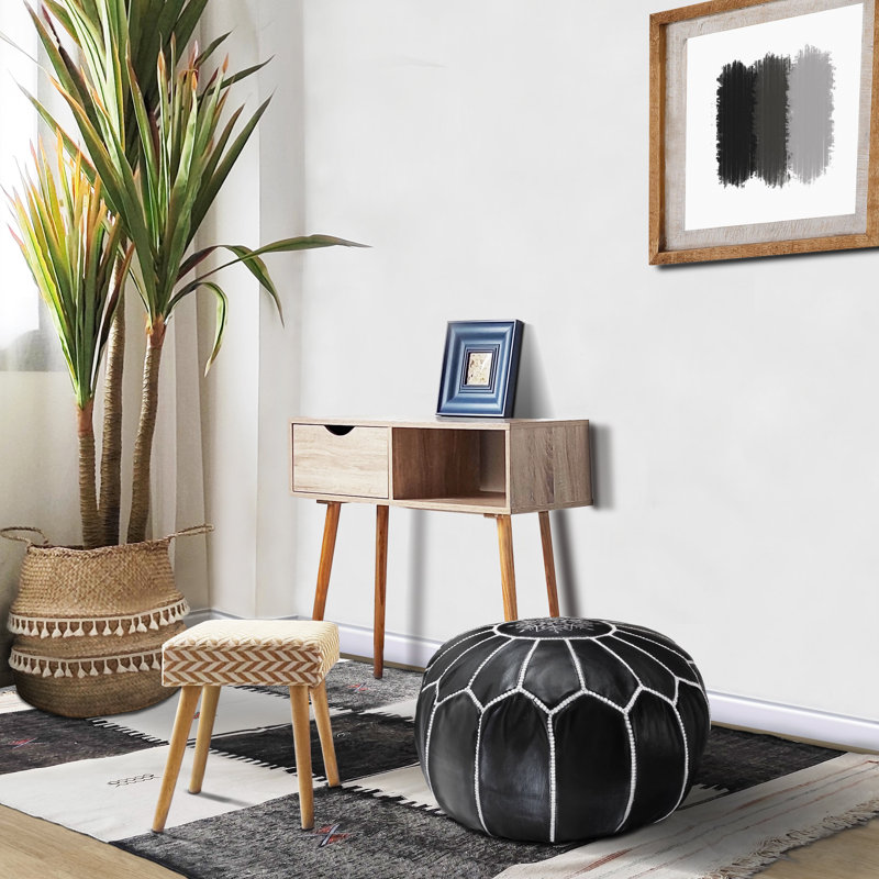 Leather Pouf, Black/White Genuine Leather