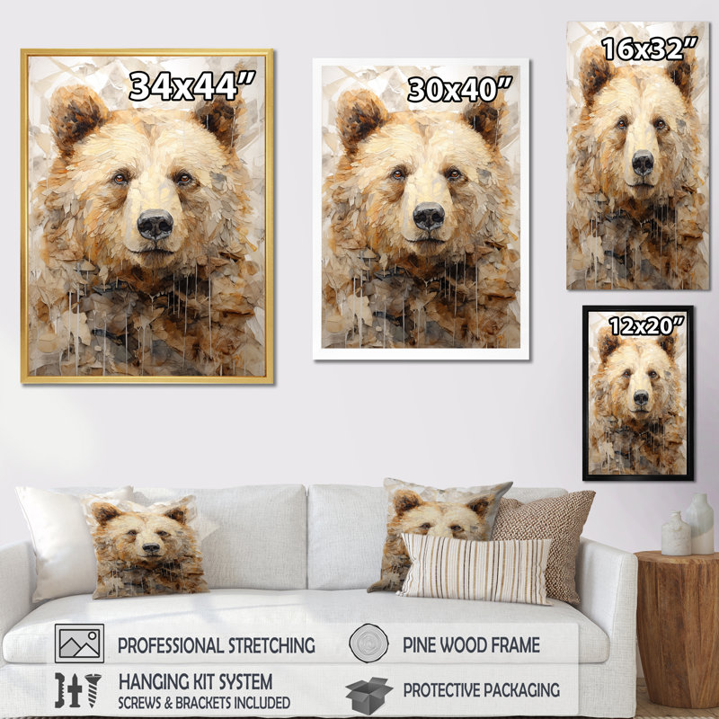 Minimalisme ours sur glace sur toile, Encadrement doré, H 32 po x l 16 po x P 1 po