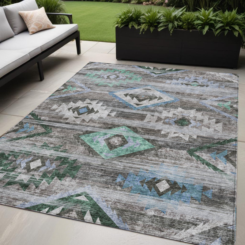 Tapis d'intérieur et d'extérieur lavable beige et bleu 5 pi x 8 pi Southwestern