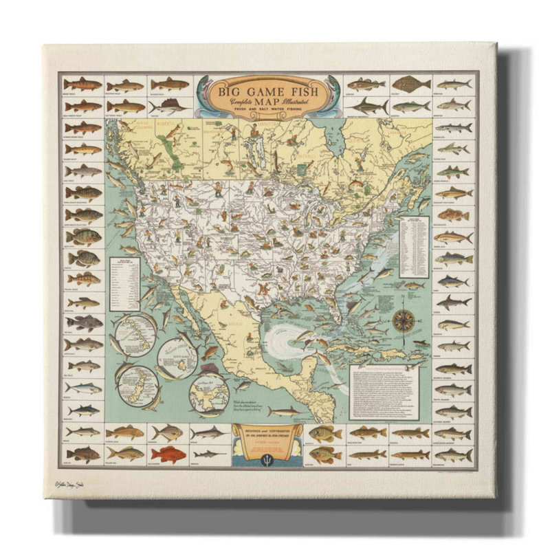 Big Game Fish Map Acrylic Glass Wall Art, 12" x 12"
