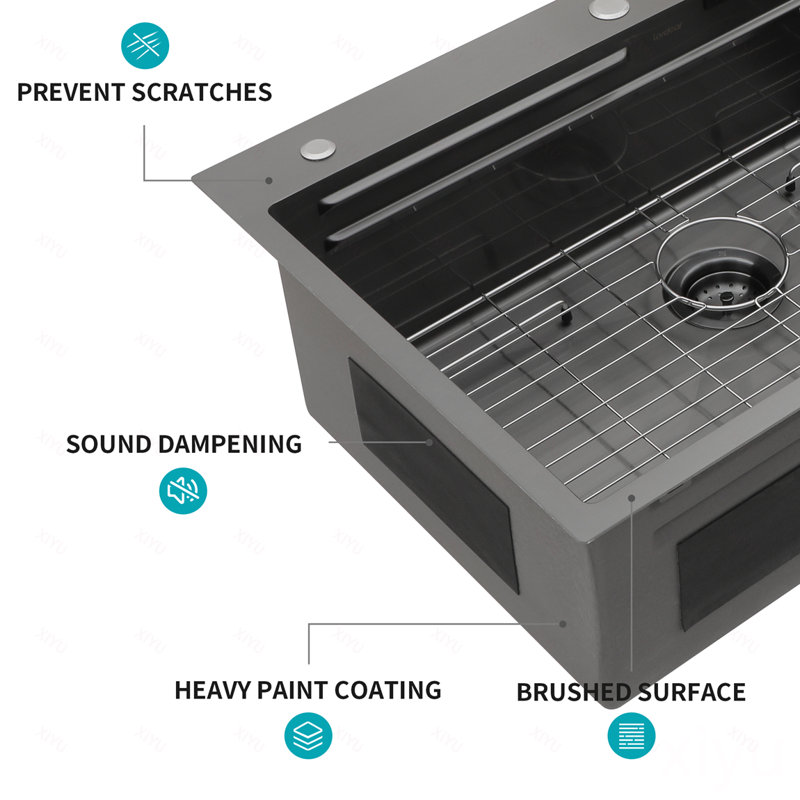 Évier de cuisine en acier inoxydable à chute d'eau de style Gunmetal - éviers de cuisine à rebord à cuve simple en acier inoxydable de calibre 16 de 33 po x 22 po x 10 po avec robinet rétractable et laveuse à gobelets