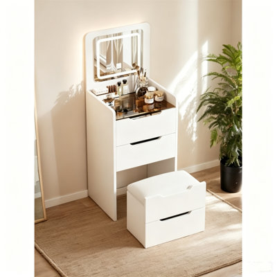  Bureau de coiffeuse 3 en 1 avec miroir à plateau rabattable et plateau en verre, petit ensemble de coiffeuse à maquillage avec 3 tiroirs, coiffeuse compacte avec tabouret pour chambre à coucher, blanc