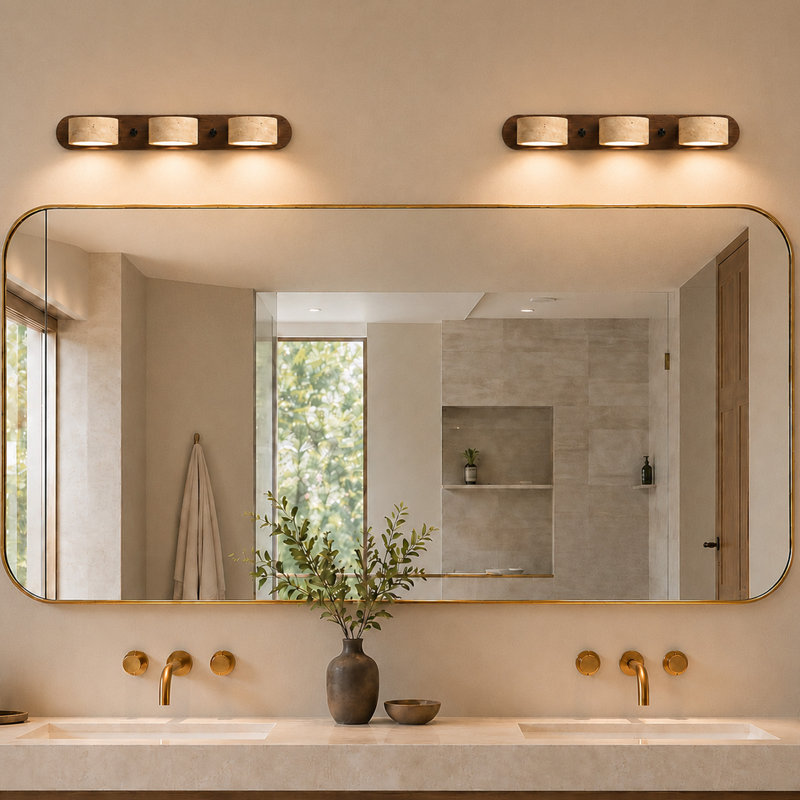 Applique murale de salle de bain en travertin naturel à 3 lumières, avec 3 températures de couleur et abat-jour orientables à 350 °
