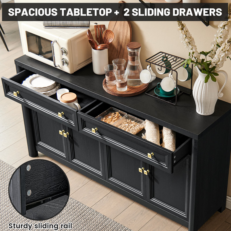 59" W Black Farmhouse Buffet Cabinet, Storage Sideboard with 4 Doors & 2 Drawers, Coffee Bar for Kicten & Living Room , Black