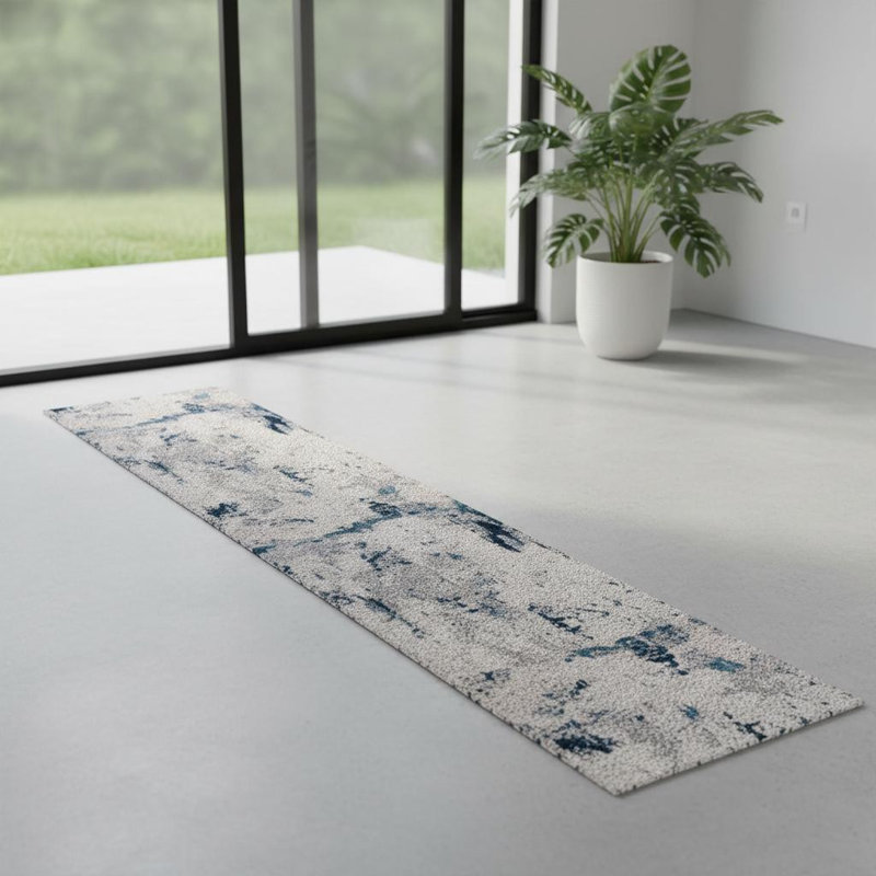 Tapis de couloir abstrait bleu, beige et gris 7 pi