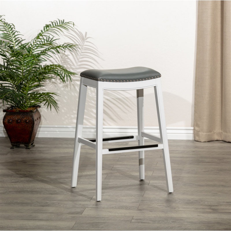 Tabouret de bar de 30 po de hauteur, finition blanche, siège en cuir gris, Siège gris / cadre blanc