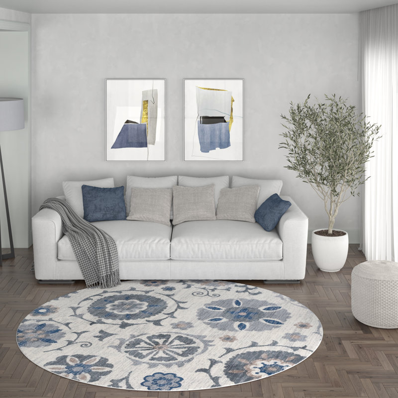 Tapis bleu marine / crème Majoros, Rond 5 pi 3 po