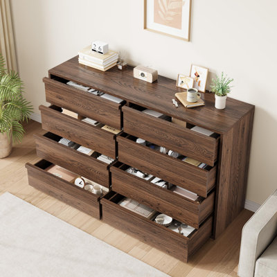 Commode moderne en bois à 8 tiroirs de 54 po de largeur avec tiroirs de rangement profonds, fabrication durable, dispositif anti-basculement et utilisation dans plusieurs pièces