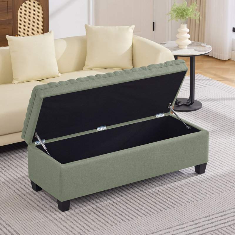 Banc de rangement à couvercle rabattable recouvert de lin de 50 po de largeur, Vert