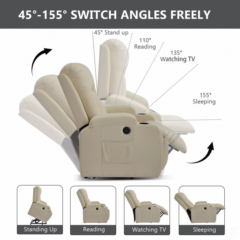 PU Power Lift Recliner - 8-Point Massage, Lumbar Heating, USB, Cup Holders, Infinite Position, Beige